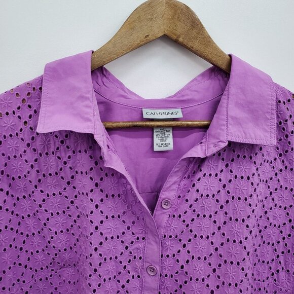 Catherines Womens Purple Eyelet Button Up Shirt Top Plus Size 1X Roll Tab Sleeve - Picture 10 of 14